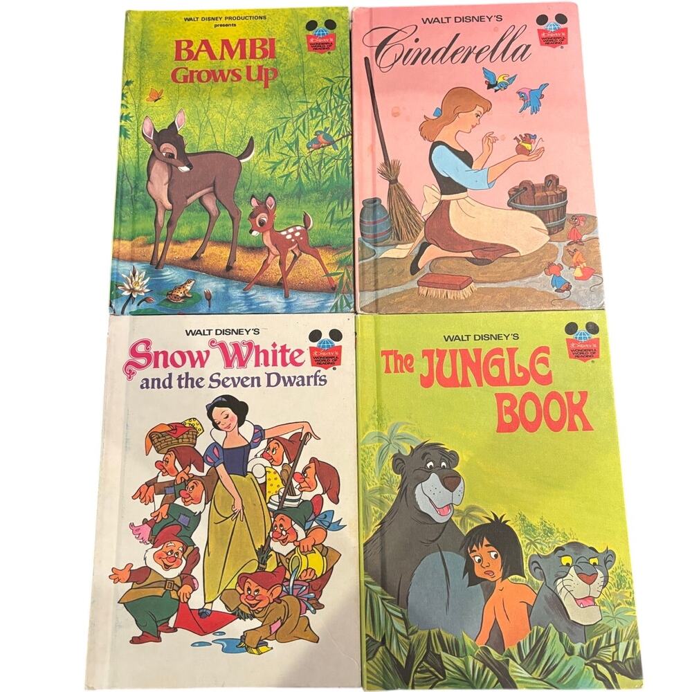 VTG Lot of 4, 1970's Walt Disney Books, Bambi, Cinderella, Snow White, Jungle Bk